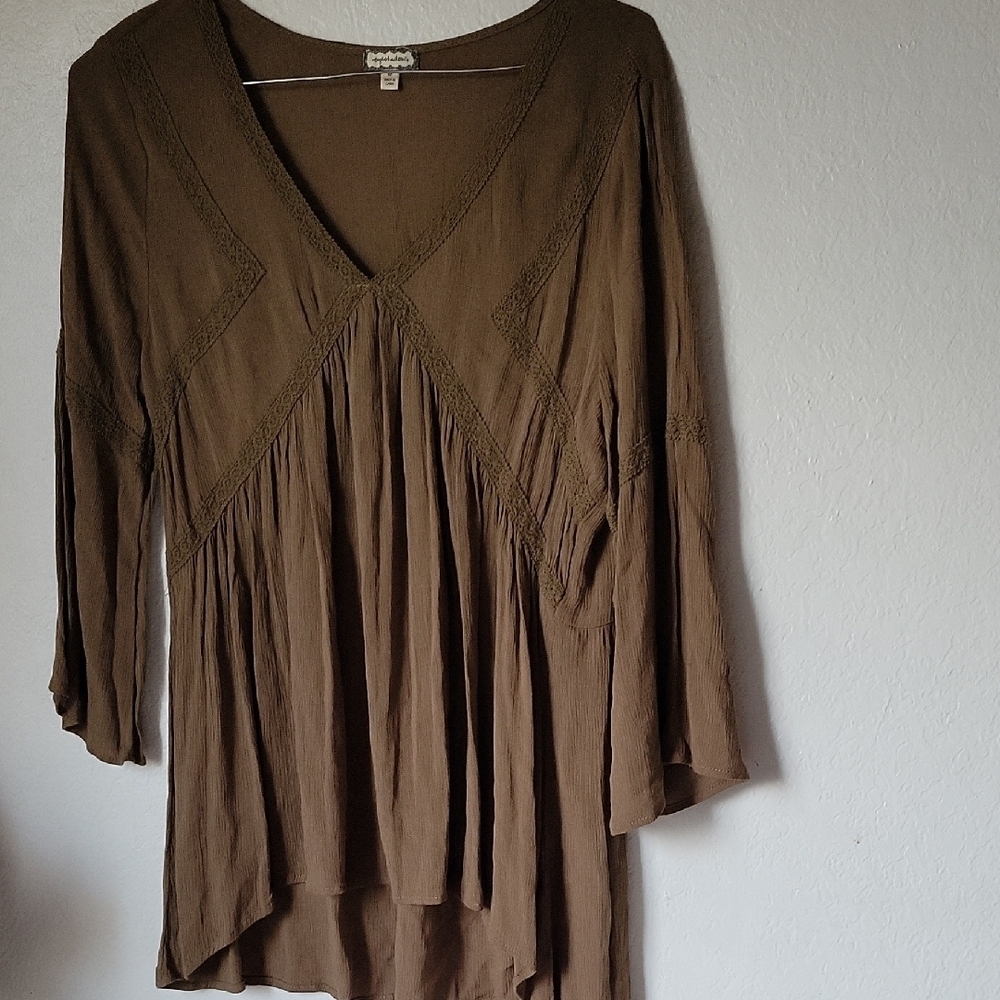 Eyeshadow Olive Green Color  Asymmetrical Blouse Long Sleeve Size M /100% Rayon